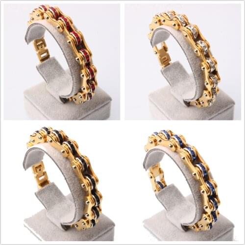 9mm Fashion Crystal Stainless Steel Gold Motorcycle Bicycle Chain Bracelet Mens Womens Wristband Unisexs Jewelry 8.07inch