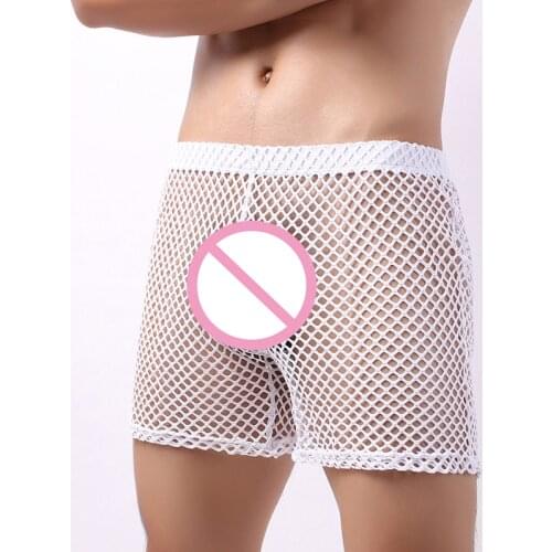 Mens Underwear Sleepwear Sexy Mesh See Through Boxers Shorts Fishnet Transparent Gay Panties Sports Casual Loose Boxershorts