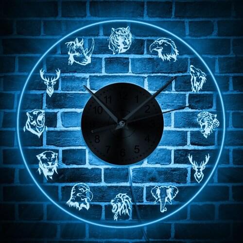 Wildlife Animals Abstract Modern Wall Clock Safari Animals Portrait LED Sign Kid Room Home Decor Hanging Watch Timepieces