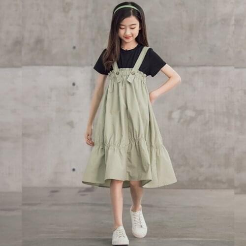 2021 New Summer 100% Cotton Teens Girls Dress Princess Sleeveless Dresses For Girl Clothes Green Suspender Baby Dress Casual