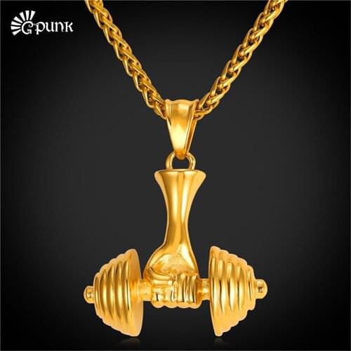 Mens Gold color Barbell pendant necklace men jewelry gift fitness Dumbbell necklace with stainless steel chain black collar P3