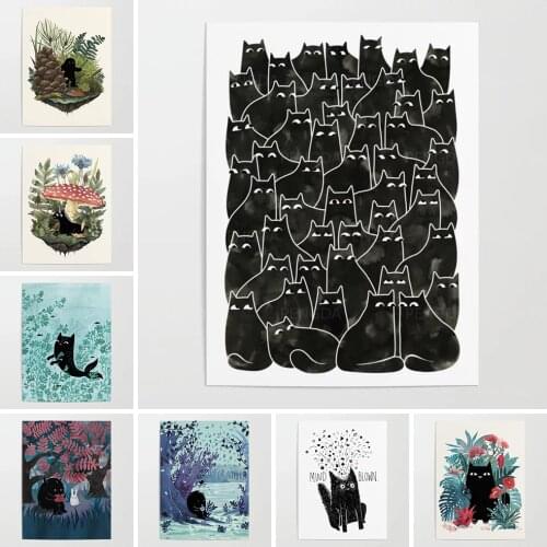 Canvas Poster Popoki Cartoon Black Cat Tree Painting Wall Art Prints Modular Pictures Home Decoration For Living Room No Frame