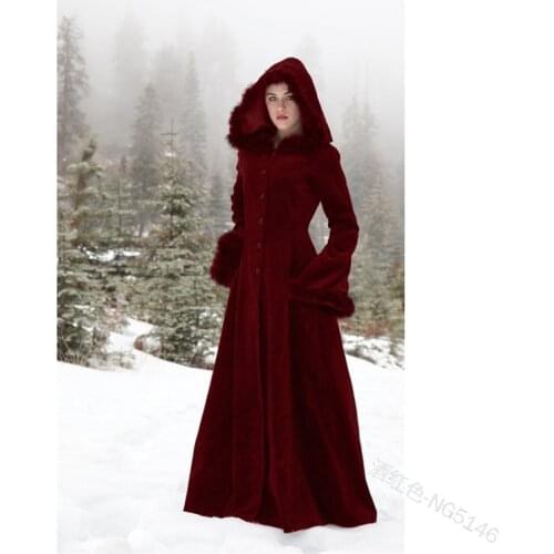 Medieval Vintage Steampunk Floor Length Hooded Coat Women Winter Warm Fur Trim Maxi Gothic Witch Party Costume Outwear Retro