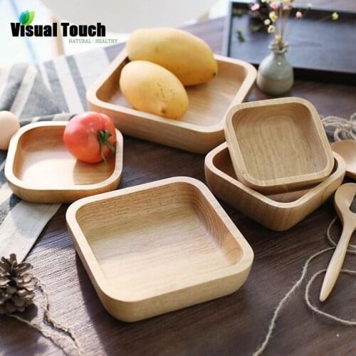 Visual Touch Nature Wood Japanese Purely Handmade Square Solid Rubber Wood Plate Dessert Dish Tray Soup Dishes Rice Bowls
