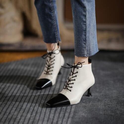 Genuine Leather Women Boots Mixed Colors ZIP Ankle Boots Square Toe Modern Boots Heels Women Shoes Zapatos De Mujer Cross-tied
