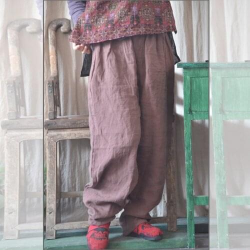 Women Summer Ramie Elastic Vintage Pants Loose Retro Ladies Solid Color Pants Trousers Female Plus size Pants 2018