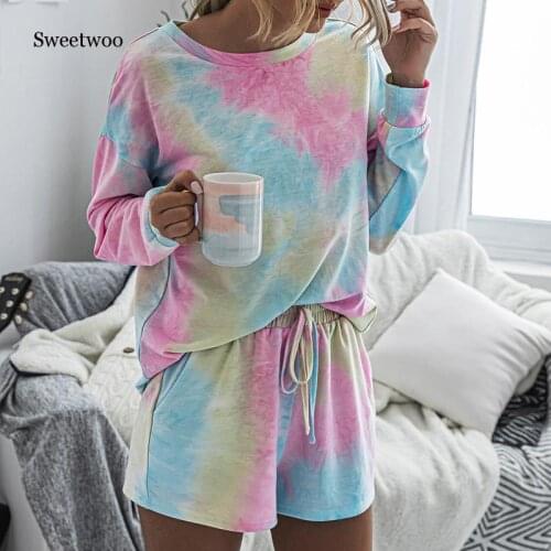 Summer 2020 Women Set Home Tie Dye Long Sleeve Top Shirt And Shorts White Outfits Casual Suit Loose Two Piece Sets