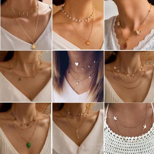 2021 New Geometric Pendant Necklace For Women Fashion Gold Color Multi-layer Heart Butterfly Necklaces Choker Jewelry