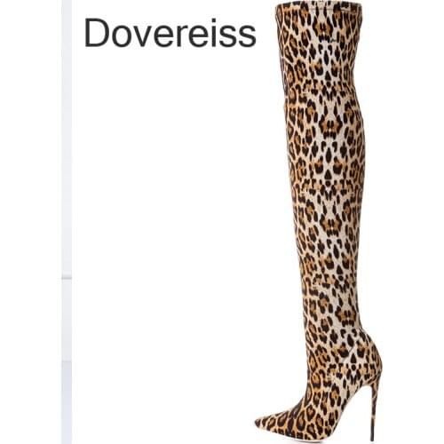 Winter Woman New Fashion Sexy Red Consice Shoes Leopard Print Pointed Toe Stilettos Heels Over The Knee Boots Big Size 42 43