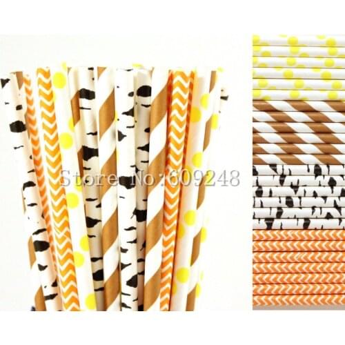 100pcs Drinking Party Paper Straws Mix,Brown Striped,Orange Chevron,Yellow Polka Dot,Black Birch,Woodland,Fall,Printed,in Bulk