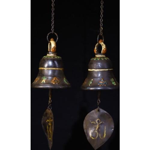 15"Tibet Buddhism Old Bronze Tracing Engraved Bells Fa Ling Wind chimes A pair Daming Mantra Pendant Amulet Exorcism