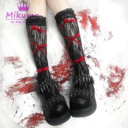 Gothic Punk Sexy Hollow Out Lace Socks Japanese Harajuku Cosplay Lolita Socks Streetwear Knee Length Women Socks