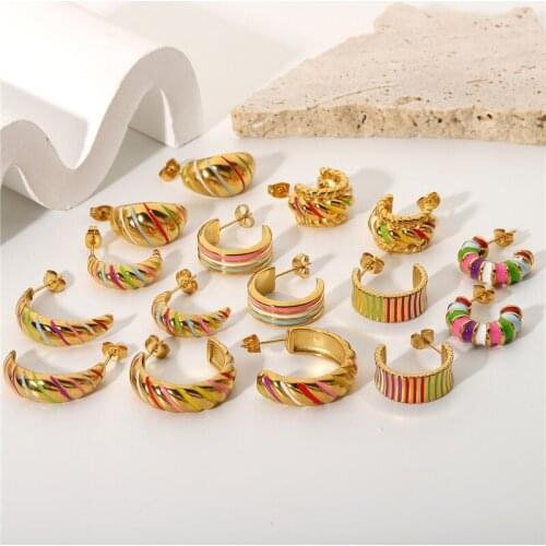 HelloLook Colorful Dripping Oil Earrings For Women 18K Gold Plated Stainless Steel Chunky Croissant C Shape Hoop Earrings