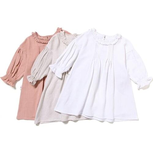 Girls Long-Sleeve Pleated Cotton And Linen Dress Autumn New Children Solid Color Casual Pastoral Style Linen Dresses WT018