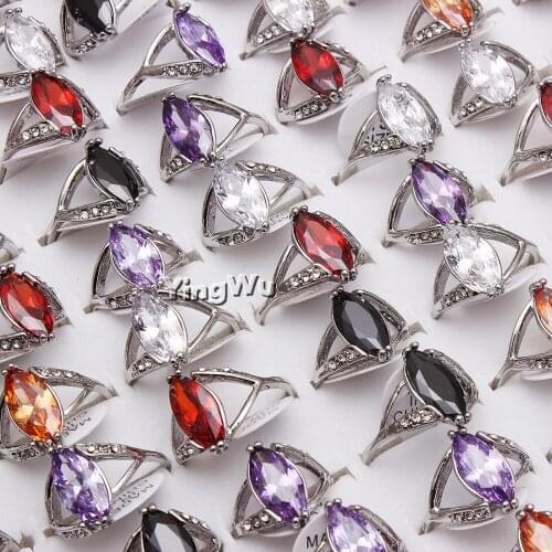Yingwu Rhinestone Wedding Ring For Women Man Oval Multicolor Cubic Zirconia Silver Color Fashion Jewelry 20pcs Wholesale