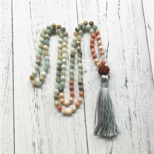 108 Knotted Mala Beads Necklace Meditation Prayer Necklace Matte Amazonite & Pink Aventurine Mala Beads For Courage Truth Joy
