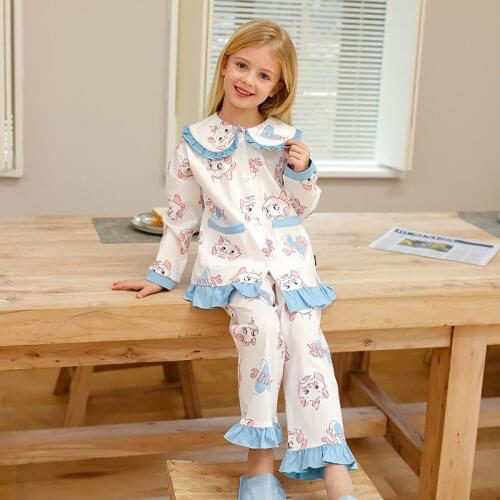 2021 Spring Pajamas For Girls Soft Cotton Cartoon Print Turn Down Collar Sleepwear Cute Kids Home Night Wear Leisure Sets 2pcs