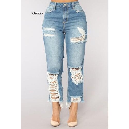 Fashion Zipper Fly Ankle-Length Trouser Hole Pockets Skinny Jeans Patchwork Casual Comfortable Woman Pants
