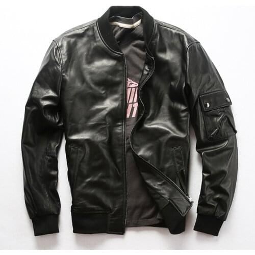 Genuine Mens Male Fashion Real Baseball Jacket Casual Autumn Winter Sheepskin Leather Coat