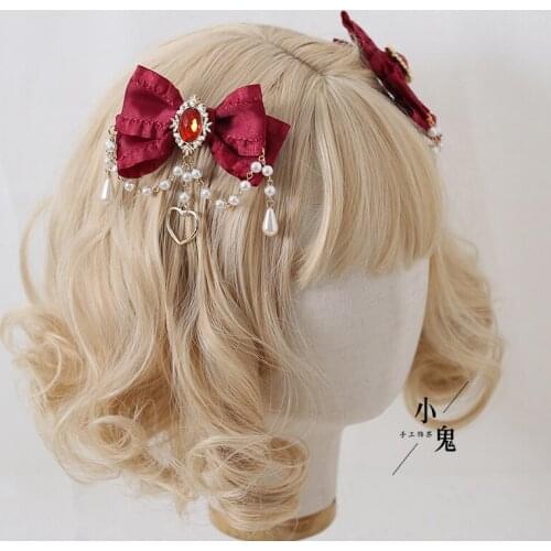 Original Hand-Made Tea Party Lolita Hairpin Cute Sweet Bow Pearl Chain Headwear Princess Cosplay Lolita Halloween Headdress