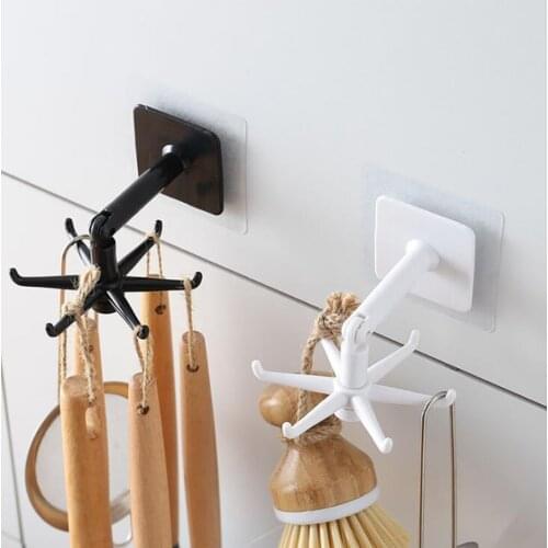 Self Adhesive Cabinet Hanging Rack Kitchen Utensil 360 Degree Rotating Folding Hook with 6 Claws Under Shelf Holder