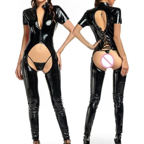 Sexy Lingerie Women Jumpsuit Leotard Latex Leather Exotic Crotchless Open Butt Teddies Rompers + Thongs Backless Zipper Bodysuit