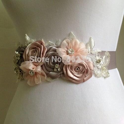 Grey Pink Flower Girl Sash Blet