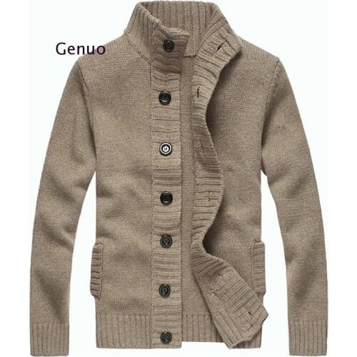 Sweater Men Cashmere Sweater Thick Warm Pullovers Men Autumn Stand Collar Buttons Up Pockets Knitted Sweater Thickened Warm Coat