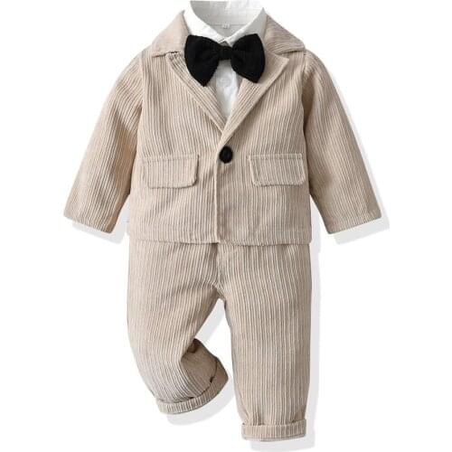 Khaki Boys' Corduroy Suit 2021 Autumn Formal Toddler Kids Clothing White Shirt + Solid Coat + Pants 3 Pieces Wedding Costume