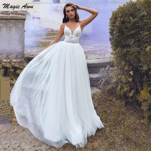 Magic Awn New Country Wedding Dresses Beach Lace Appliques Backless Boho Wedding Party Dress Princess A-Line Robe De Mariee