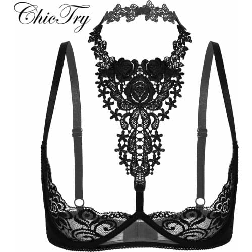 Womens Sissy Lace Exotic Bra Tops Sexy Underwear Intimates Bare Exposed Breasts Shelf Tie Open Cup Push Up Underwire Bra Tops