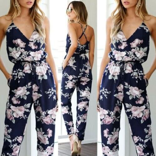 Jumpsuits for Women 2021 Elegant Summer Ladies Playsuit V Neck Floral Bandage Romper High Waist Long Trousers Pants Clubwear