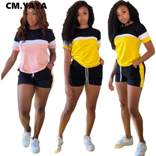 CM.YAYA Active Patchwork Sweatsuit Womens Set Tee Tops and Shorts Matching Set Jogger Tracksuit Two 2 Piece Set Fitness Outfit
