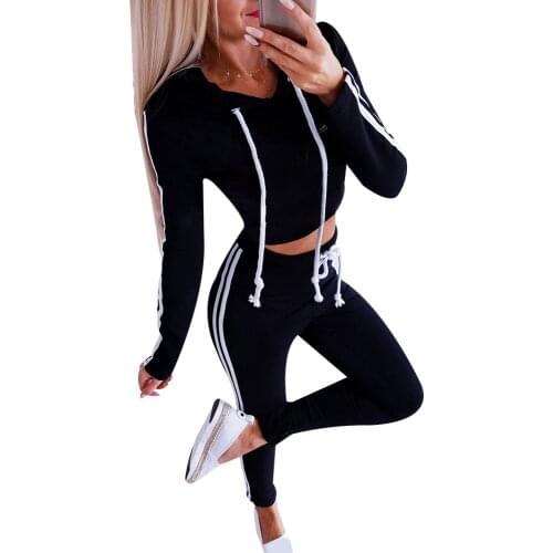 2020 Tracksuit 2pcs Women Set Hoodies Crop Top Sweatshirt Plus Side Stripe Pants Hooded 2 Pieces Set Women Clothing Suits Female