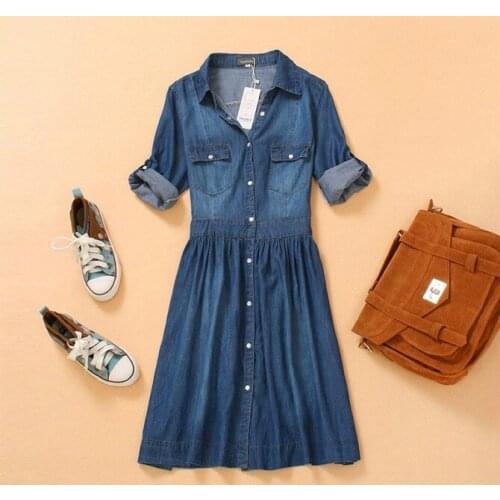 Vestidos Women Plus Size Dress Denim Dresses Femme All Match Casual Denim Button Knee-length Cotton Dresses