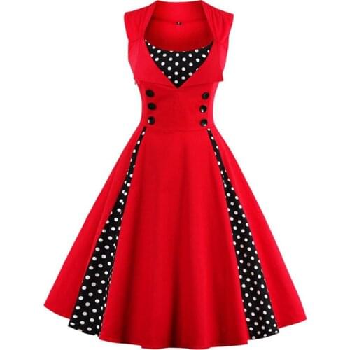 Summer 1950s Charming Little Dots Dress Women Red Square Collar Plus Size 5XL Dress Aubrey Style Women Pleated Dress