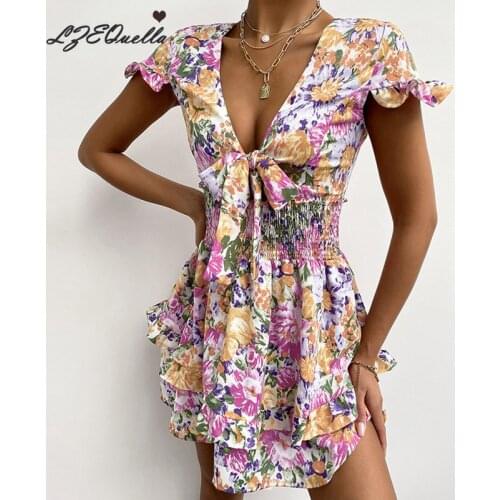Women Ruffles Deep V Neck Bowtie Mini Dress Pleated Print Beach Sundress Short Sleeve Ladies 2021 Boho Dresses Vestido NZ3753