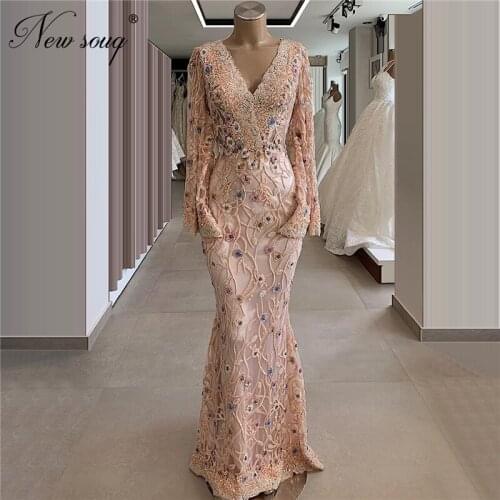 Pink Beaded Evening Dress Middle East Muslim Crystal Party Dress Abendkleider 2020 New Arrival Saudi Arabia Prom Dresses Vestido