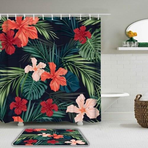 2Pcs/Set Colorful Flowers Plant Shower Curtain Set Polyester Fabric Non-Slip Rug Toilet + Bath Mat Waterproof Bathroom Curtains