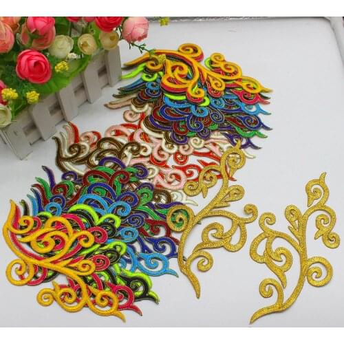 YACKALASI 5 Pairs/Lot Gold Trim Iron on Flower Embroidered Patches Mirror Pairs Applique Costume Cosplay 18-9cm