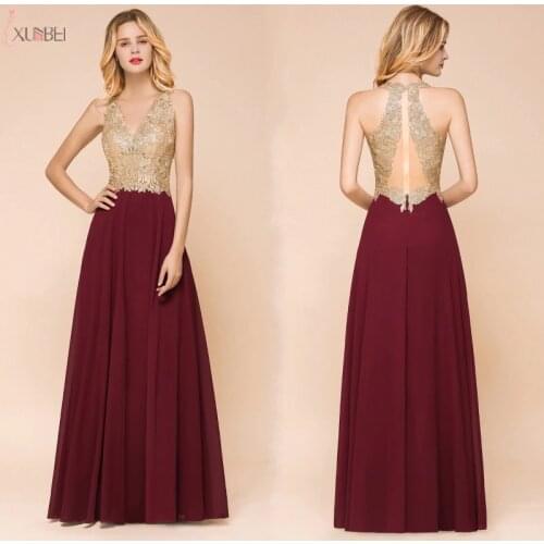 Burgundy Long Prom Dresses 2019 V Neck Sleeveless Gown Gold Lace Applique Elegant A line vestidos de gala