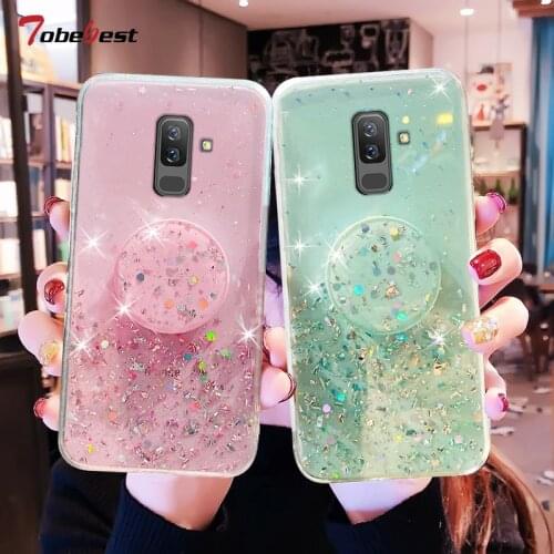 Silver Foil Phone holder case For Samsung Galaxy A6 A8 Plus 2018 Coque Bling Glitter Soft Silicone Stand Cover
