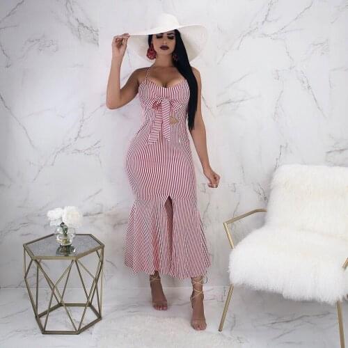 S-XL Elegant Slim Spaghetti Strap Striped Sleeveless Front Knot Bodycon Sexy Party Dress Mini Skinny Dresses