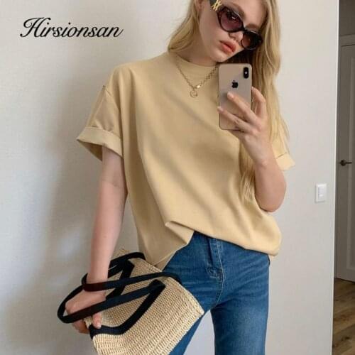 Hirsionsan Casual Cotton Basic T-shirt Women Soft Oversized Solid Color Female Tees Harajuku Elegant Ladies Summer Tops Green
