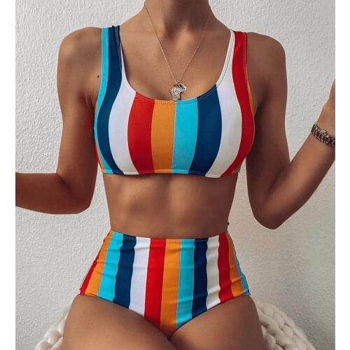 LAWEHXF 2021 Patchwork Swimwear Women Swimsuit Sexy Bathing Suit Two Piece High-Waist Bikini Contrast Color Summer Beach Wear