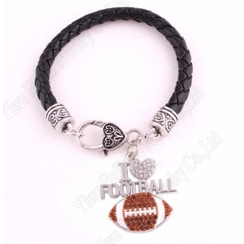 Fans Favorite Sports Jewelry Drop Shipping 1.1"*1.2" inches I Love Football 2D Pendant leather Chain Lobster Claw Bracelets