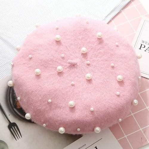 Fashion Women Autumn Winter Solid Color Faux Pearl Beret Hat Warm Painter Cap