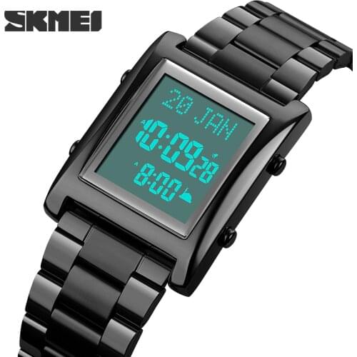 Muslim Azan Clock Men Watch for Prayer with Qibla Compass Adhan Alarm Hijri Calendar Islamic Al Harameen SKMEI montre homme