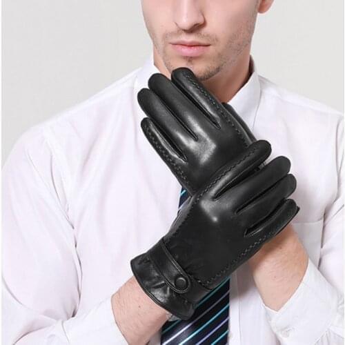 Men Genuine Leather Gloves Winter Warm Touch Screen Gloves Adult Male Driving Fashion Full Finger Black Gloves High Quality