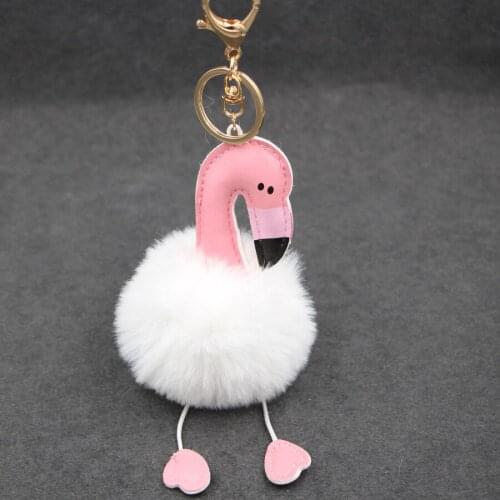 New Golden Flamingo fur ball keychain 8cm Rex Rabbit bag cute ladies car pendant Dropshipping